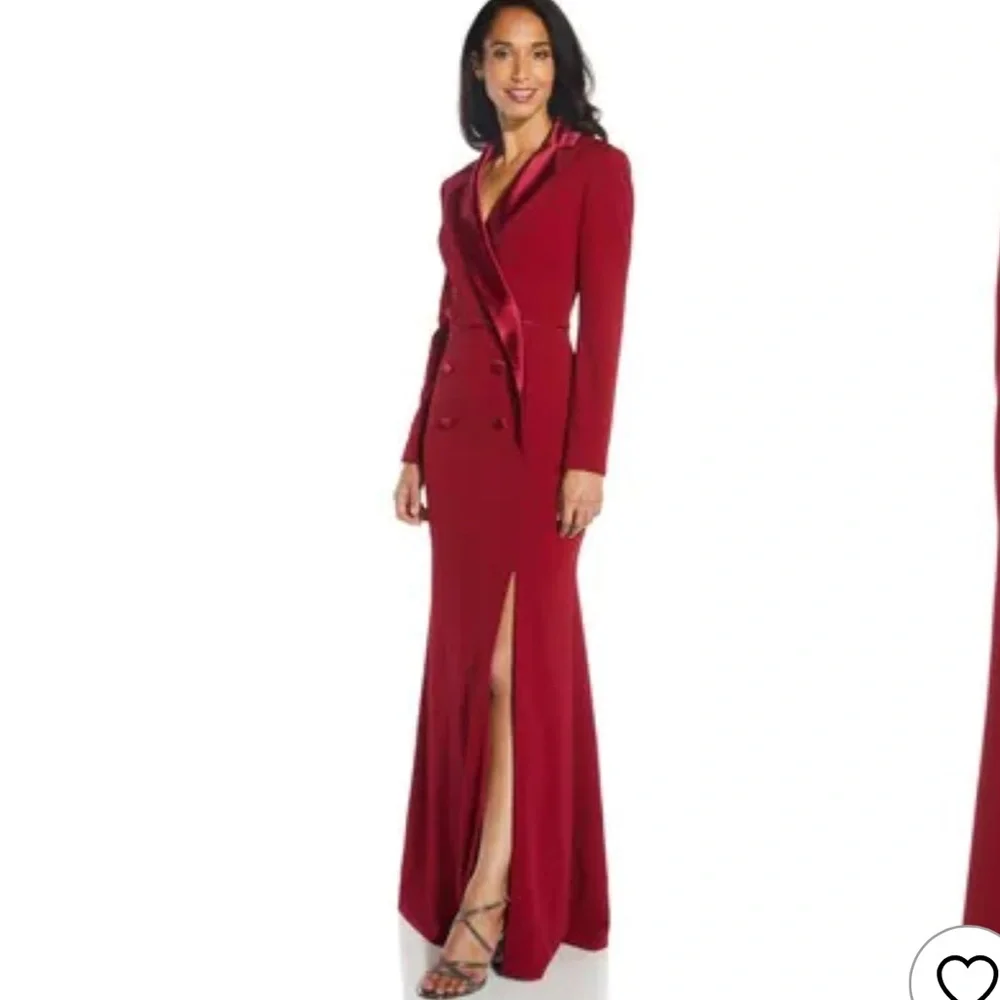 Adrianna Papell Long Sleeve Notch Lapel Surplice Crepe Tuxedo Mermaid Gown - Picture 2 of 13